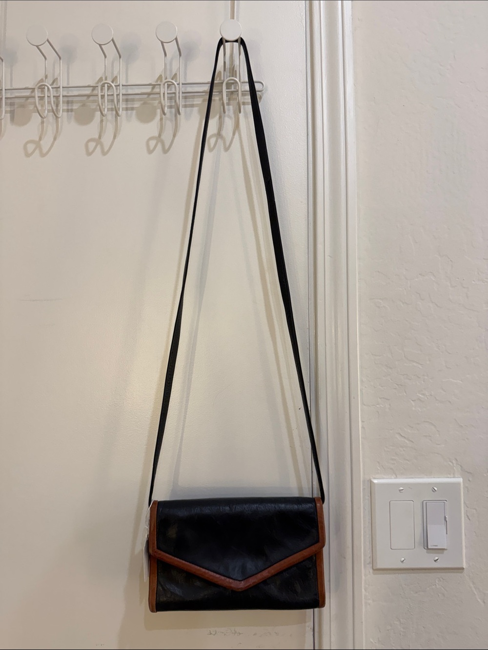 Black Crossbody Envelope Bag with Brown Trim - Women's Crossbody